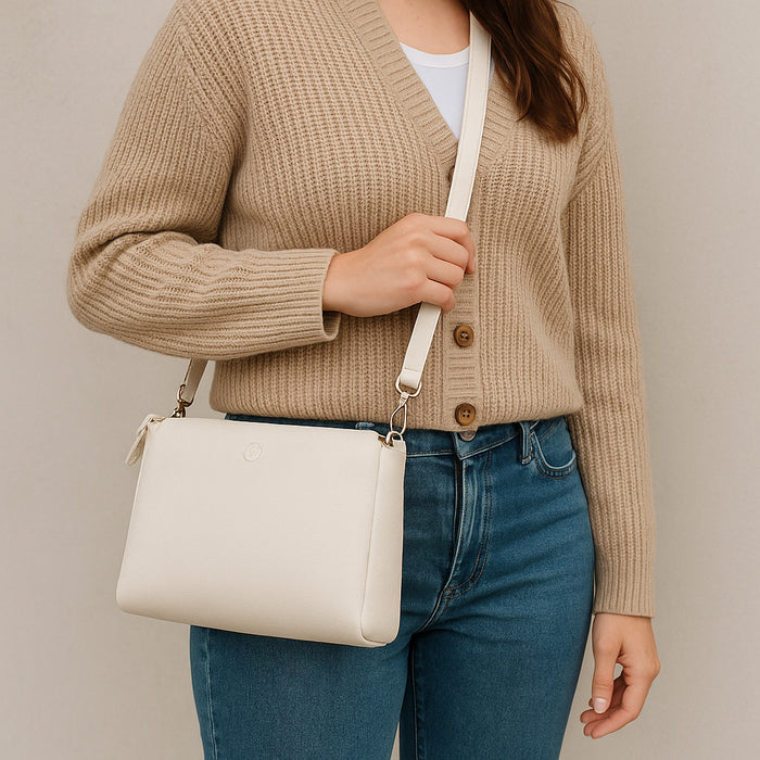 Second Nature Second Nature ST82 Wild Oat handbag with textured leather and silver hardware on a neutral background.