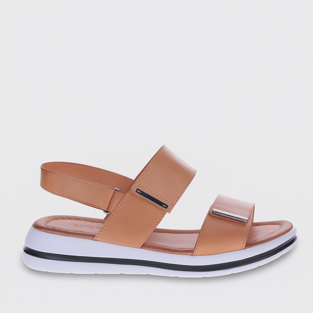 LE SANSA Sima Tan sandals with tan leather straps and flat sole, stylish and comfortable women's footwear.