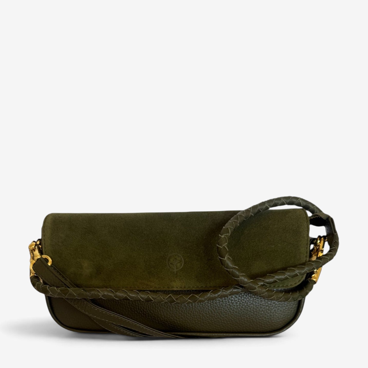Second Nature ST101 Olive handbag with textured leather and gold-tone hardware, showcasing a stylish, compact design.