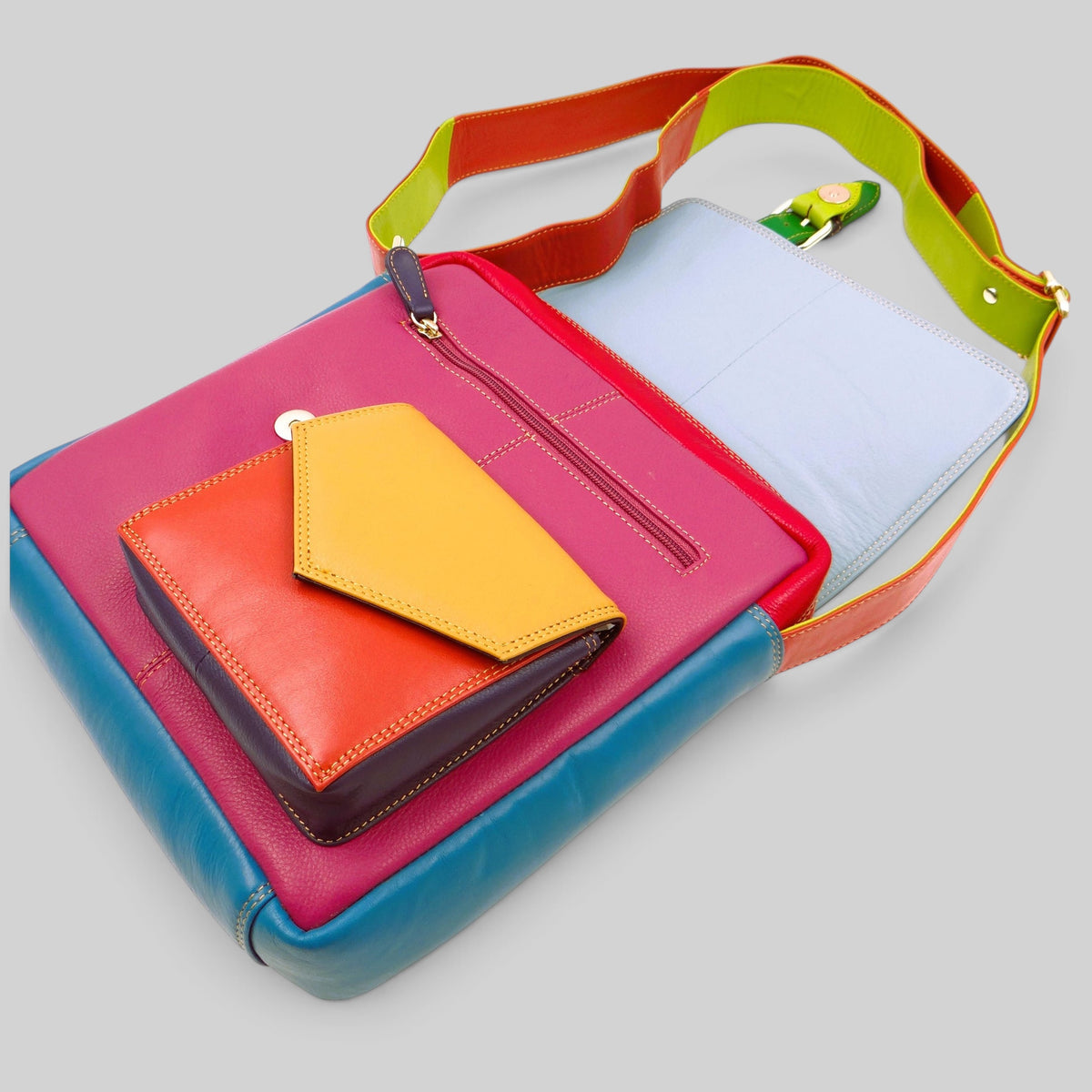 Second Nature Second Nature ST25 Summer multi handbag with colorful patterned fabric and leather accents.