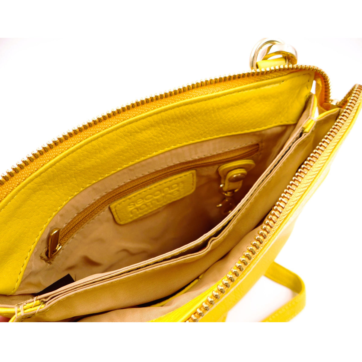 Second Nature Buttercup handbag, stylish beige leather tote with dual handles and gold-tone accents, showcasing elegant design.