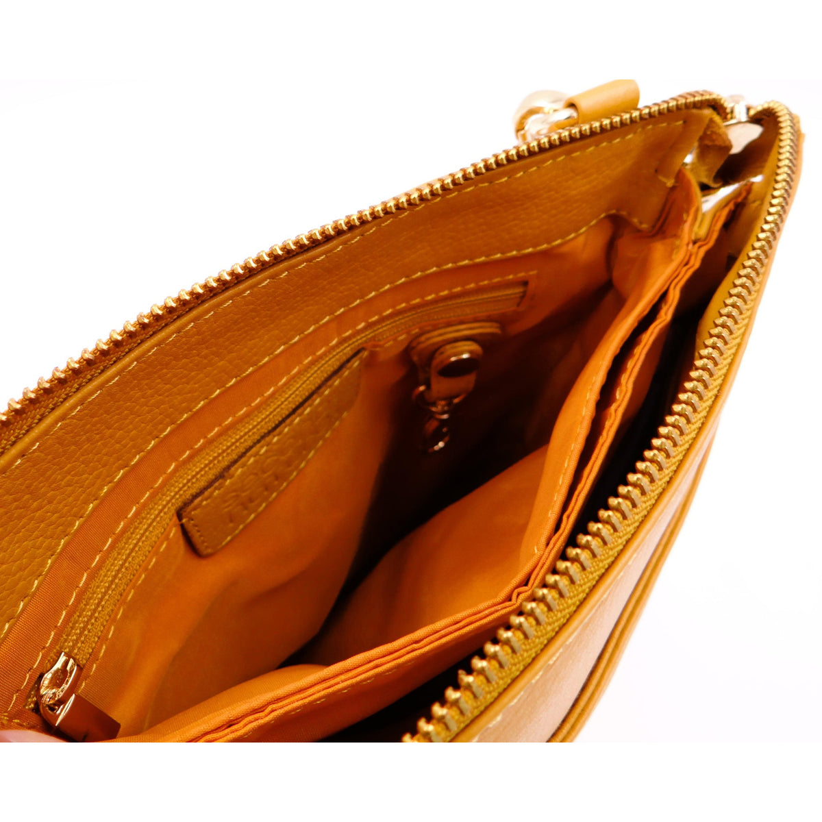 Second Nature ST31 saffron handbag with sleek design and textured surface, featuring a stylish handle and compact shape.