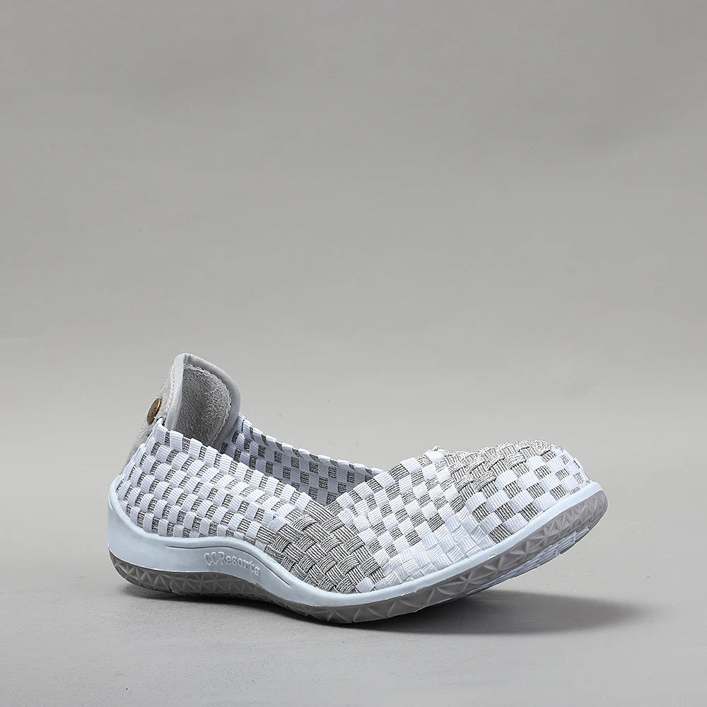CC Resorts Sugar White Silver flats featuring a sleek, minimalist design with silver accents, perfect for casual or dressy occasions.
