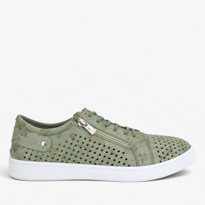 Sage green leather sneakers with floral camouflage pattern from Cabello EG17 Camo Floral collection.