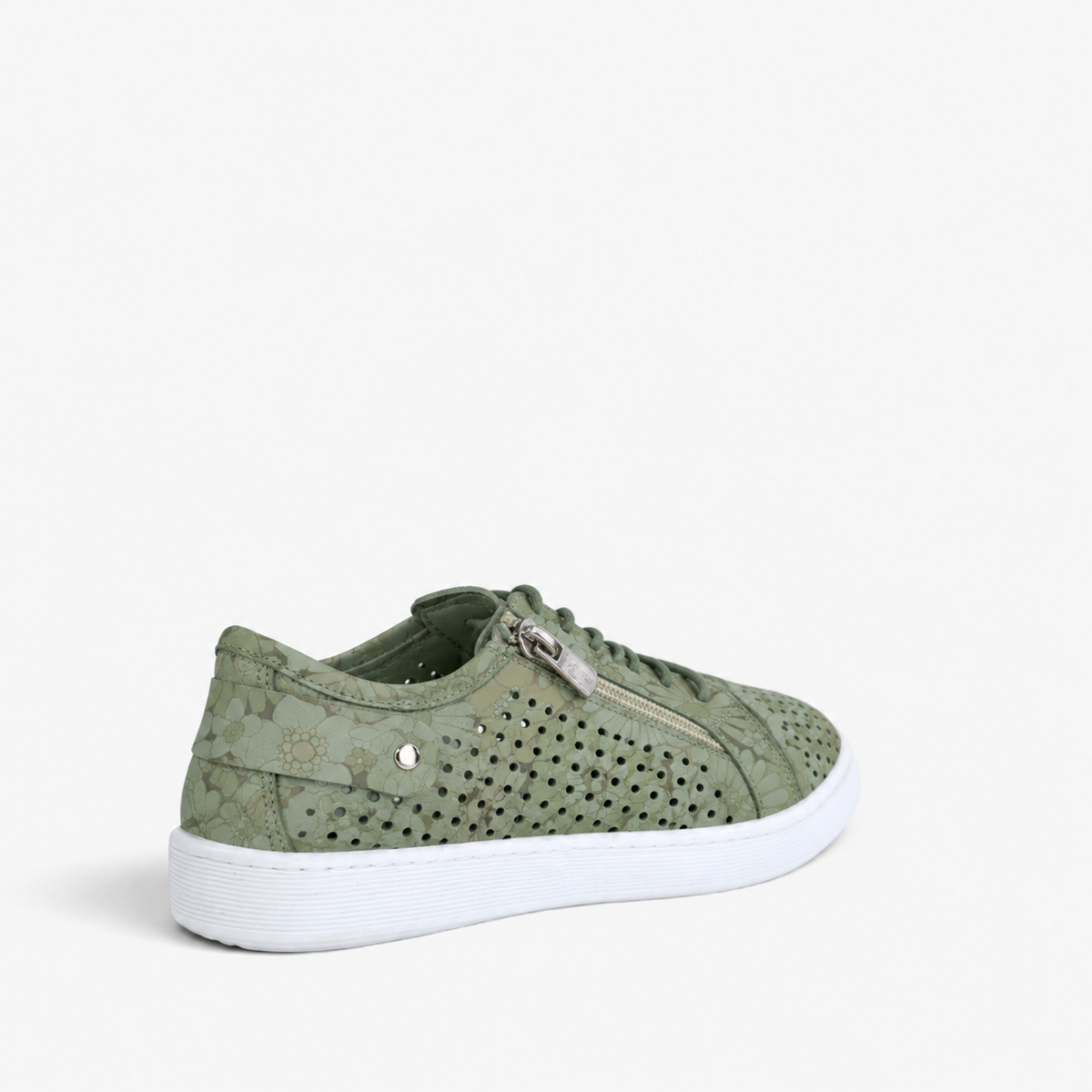 Sage green Camouflage floral print Cabello EG17 sneakers with perforated detailing and white laces.