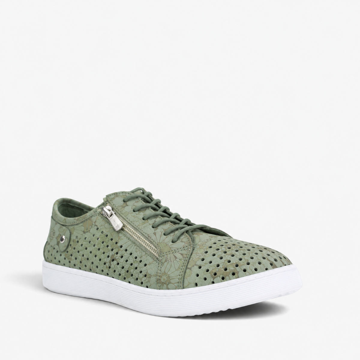 Cabello EG17 Camo Floral sneakers with sage green and floral design, featuring a zipper detail and casual athletic style.