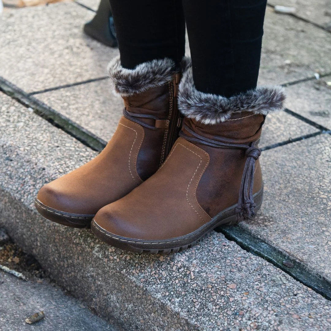 CC Resorts Gemma brown boots with ankle-length design, featuring a sleek leather finish and stylish stitching detail.