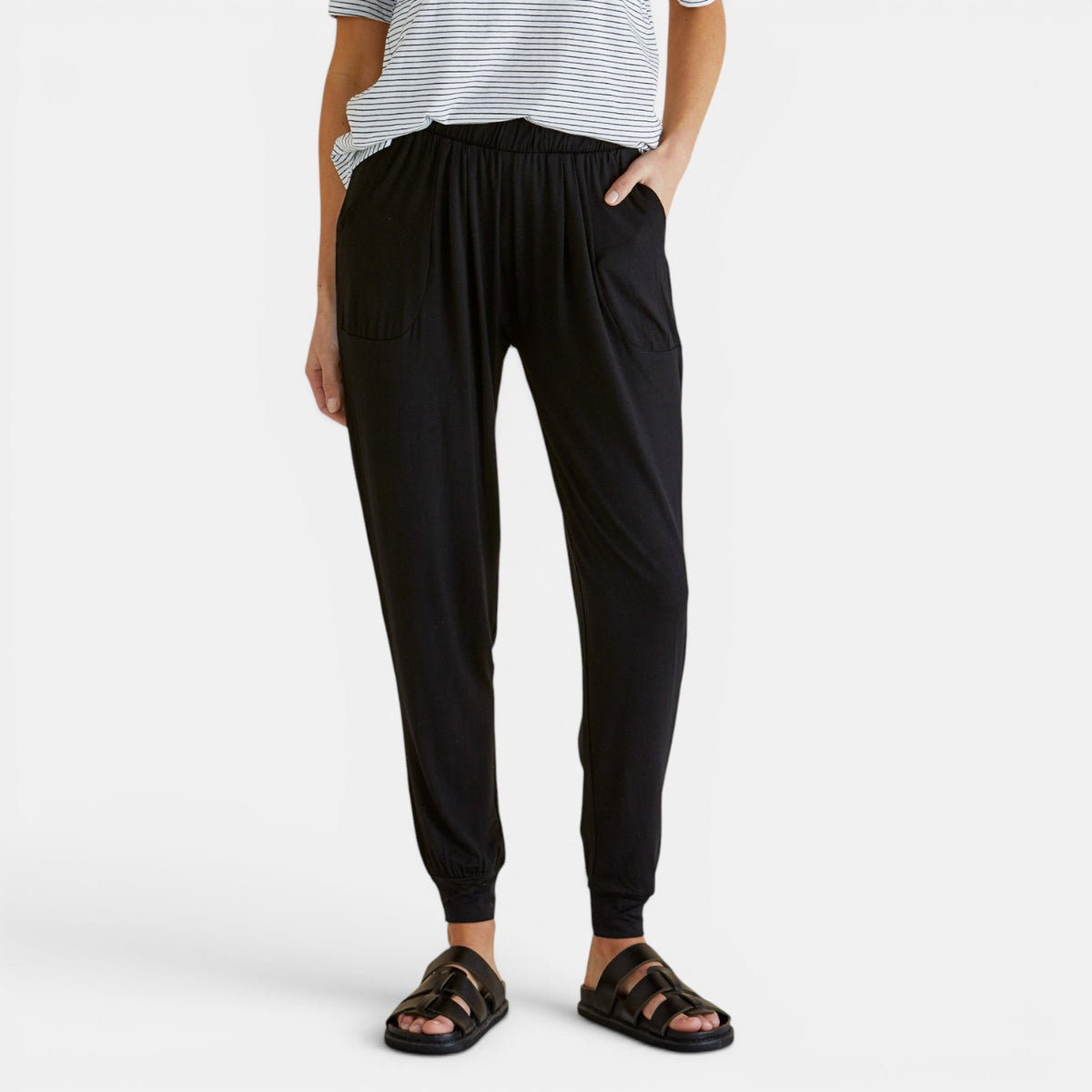 Black Betty Basics Paris Jogger Pant with relaxed fit and cuffed ankles, shown on a model in a casual setting.