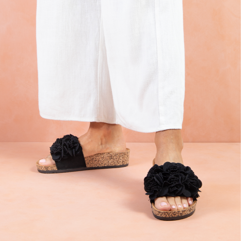 Black Los Cabos slippers featuring a stylish corsage design, comfortable slip-on footwear for casual wear.