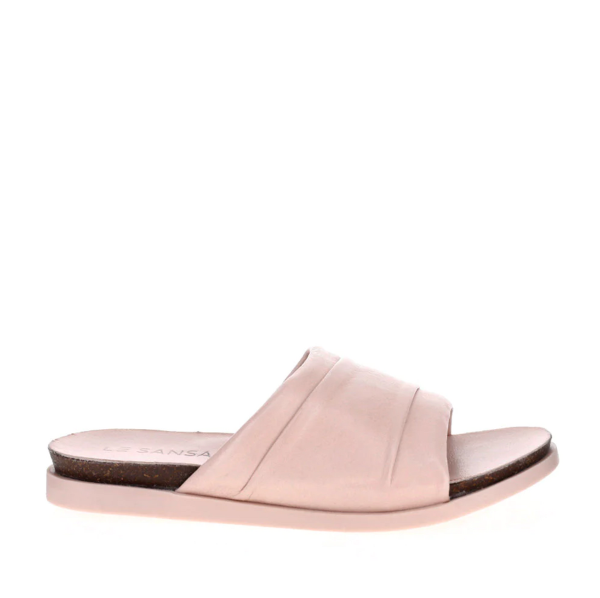 Le Sansa Lesansa Tin Blush slip-on shoes with a sleek design and blush-colored fabric, shown in a close-up image.