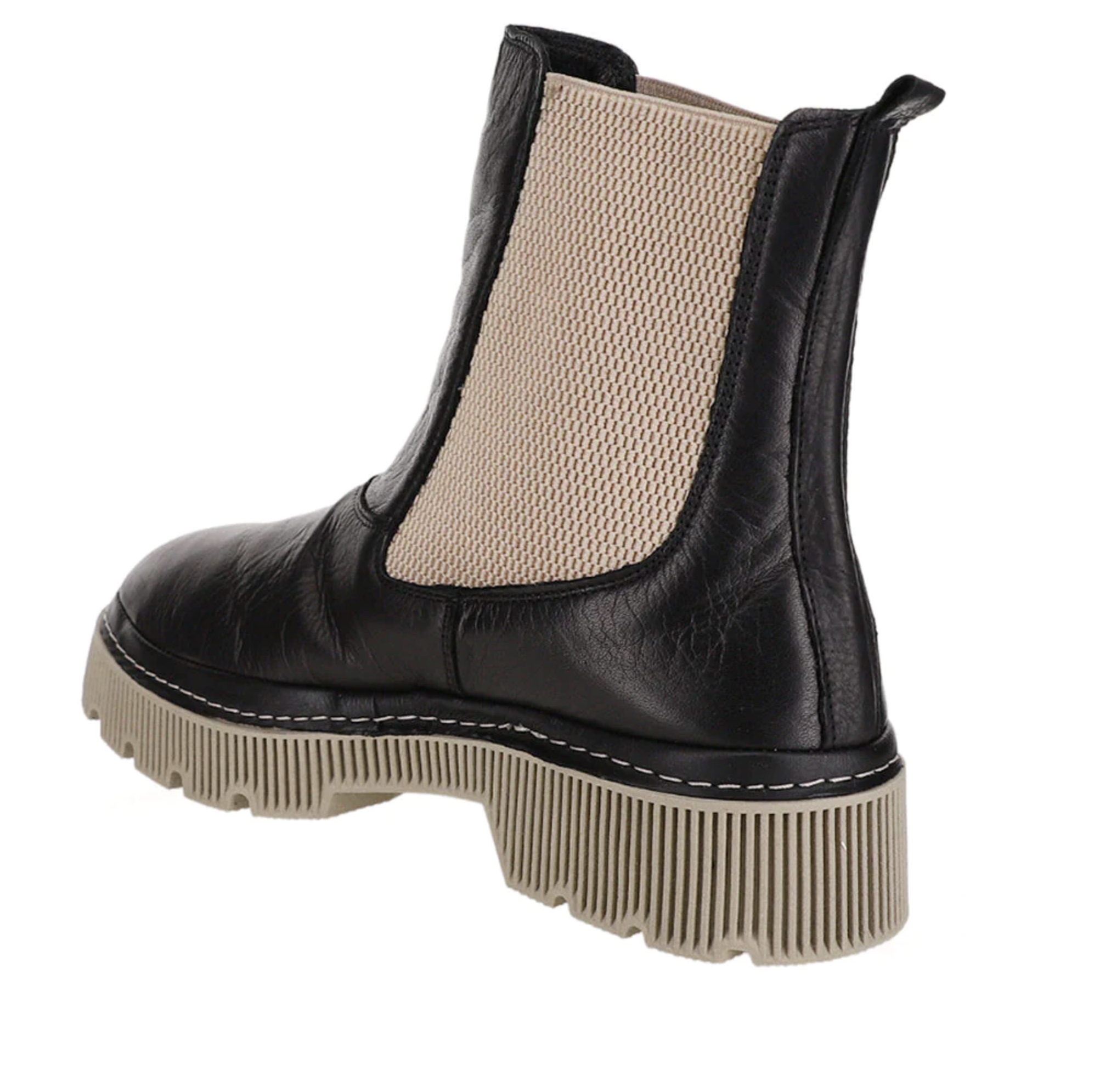 LE SANSA Lesansa Rose Black boots shown from a side view, featuring sleek black leather design and stylish ankle height.