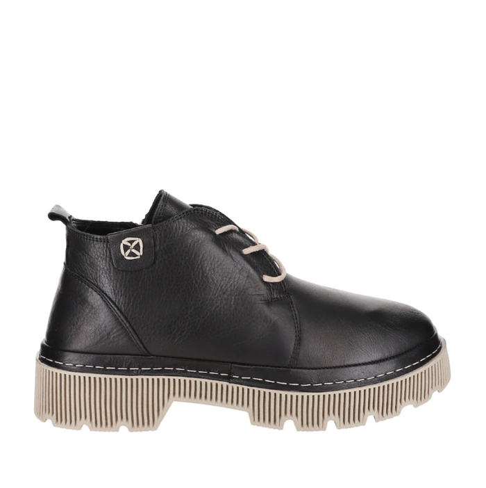Black leather Le Sansa Lesansa Raffa boots with lace-up design and chunky soles, stylish footwear for casual or dressy outfits.
