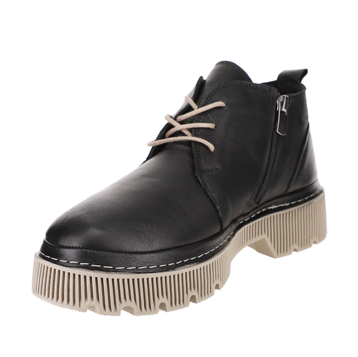 Black leather boots from Le Sansa Raffa collection featuring sleek design and sturdy soles.