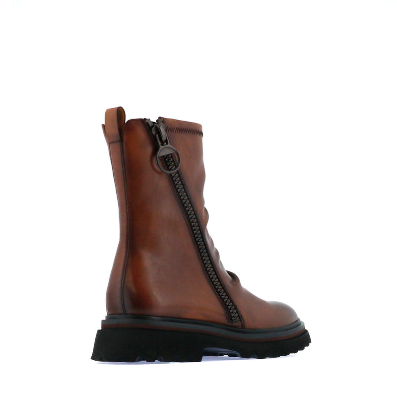 Eos Skarlet Brandy boots shown from the back angle, featuring stylish design and ankle-high silhouette in natural leather finish.
