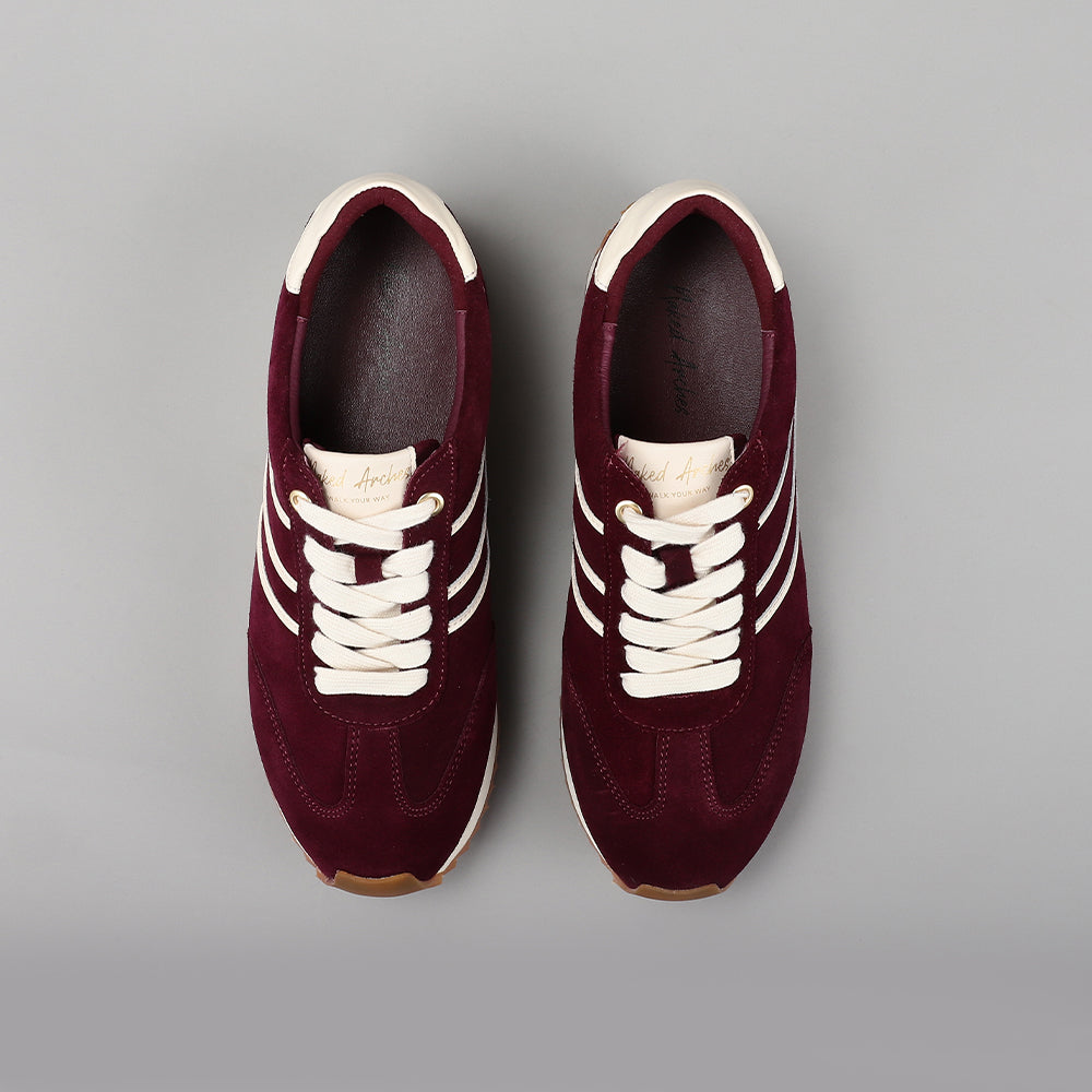 Naked Arches Wednesday Burgundy sneakers with stylish burgundy and neutral tones, featuring comfortable lace-up design.