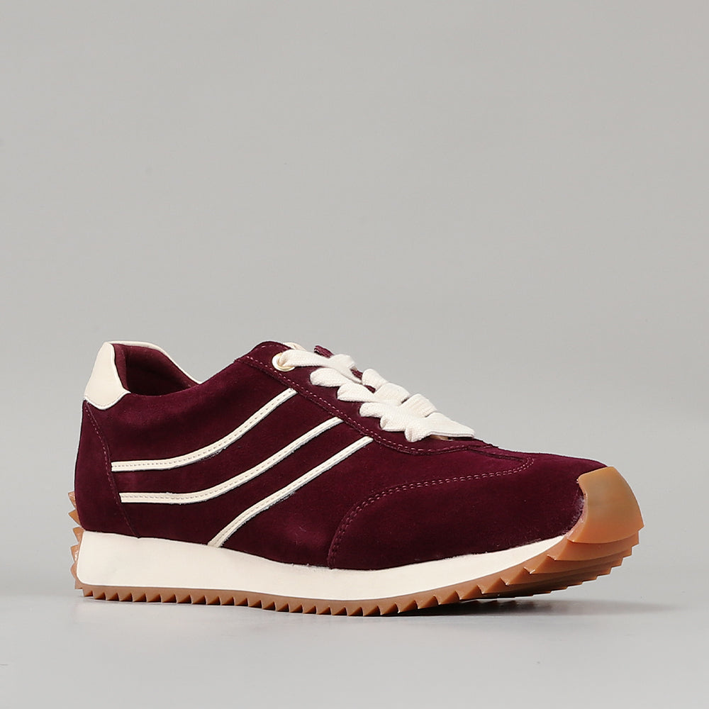 Naked Arches Wednesday Burgundy sneakers with suede and mesh upper, white rubber sole, and stylish lacing detail.