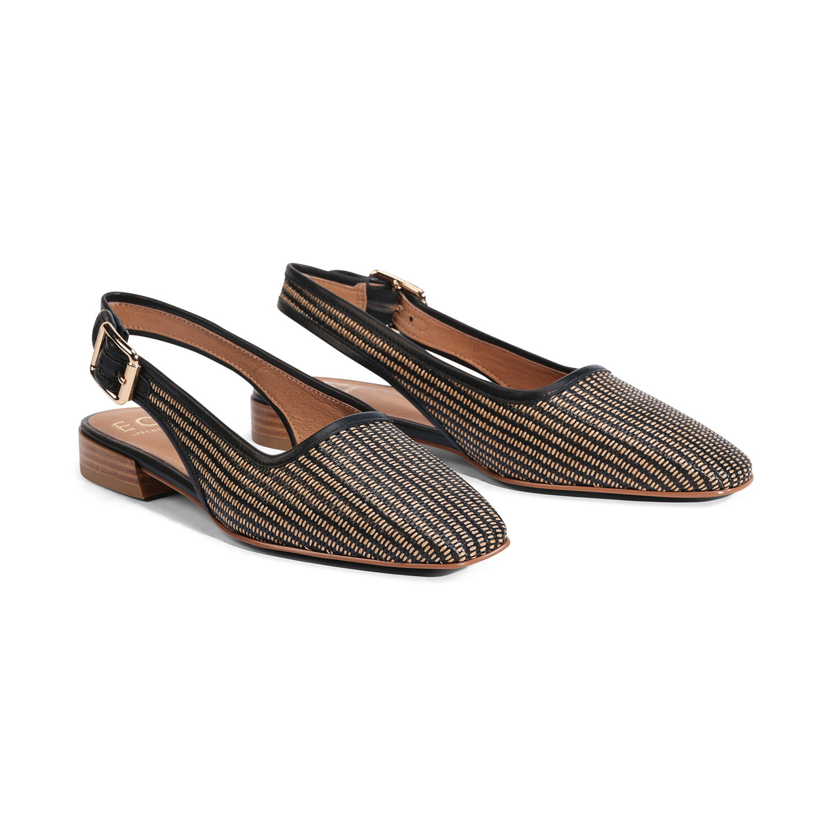 EOS SOPH BLACK GRASS sandals, black leather footwear with camel-colored accents, showcasing the stylish upper design.