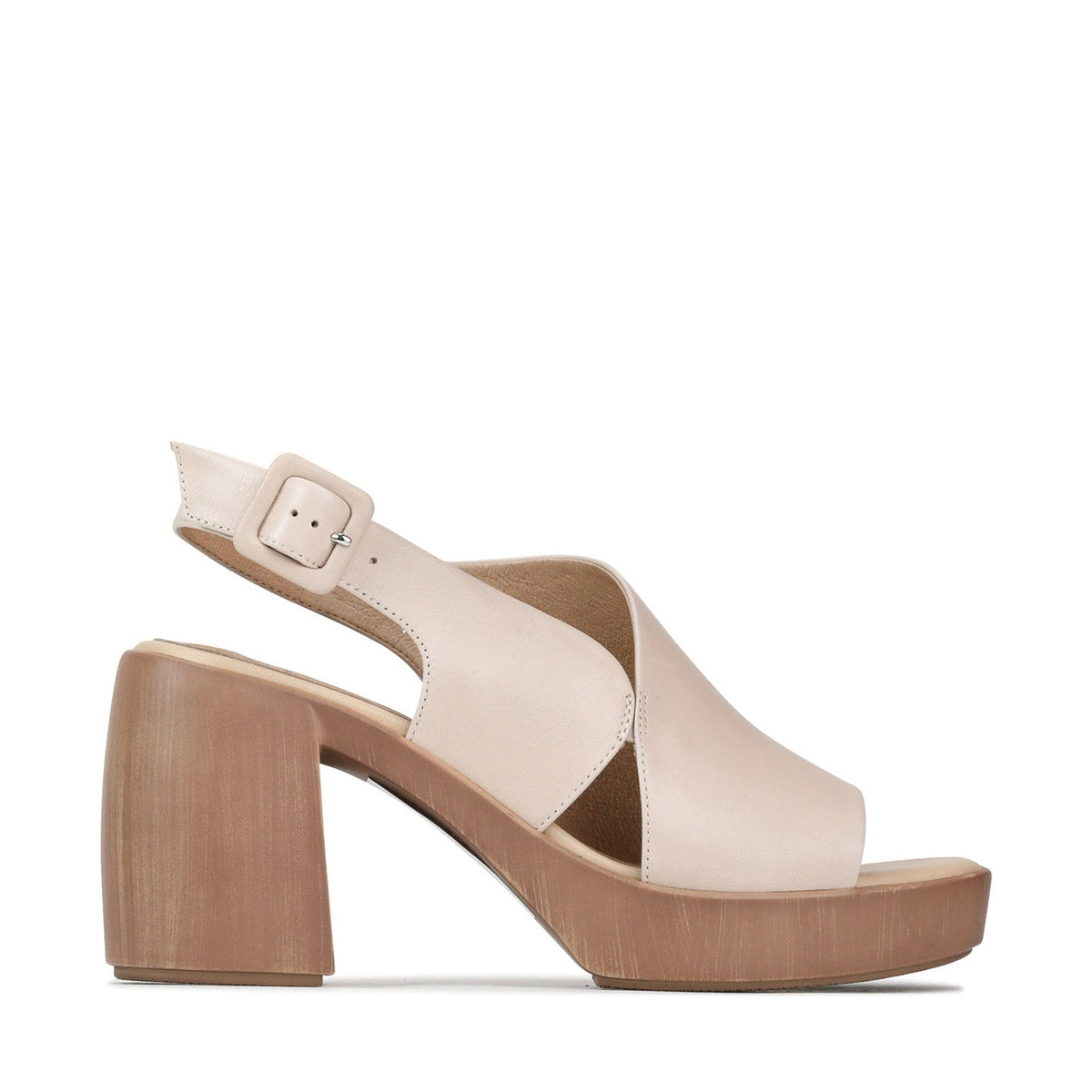 Eos Spicer Birch sandals with tan leather straps and chunky heel, stylish footwear for casual and summer wear.