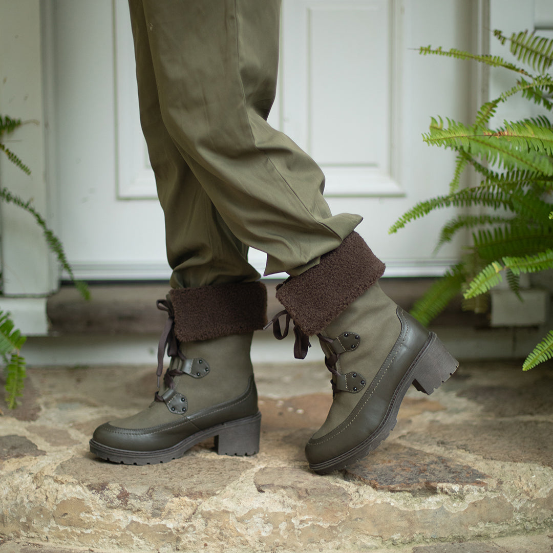 LOS CABOS Tashi khaki boots featuring ankle-high design, rugged sole, and stylish lacing detail.