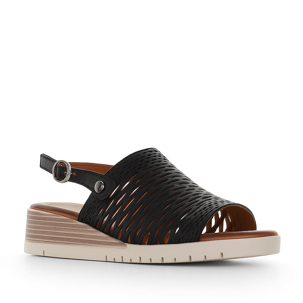 Le Sansa Topaz black sandals with open toes and ankle straps, stylish footwear for casual or dressy occasions.