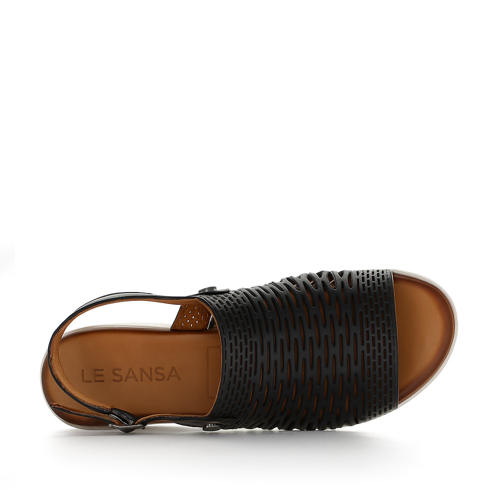 Le Sansa Topaz Black sandals with adjustable straps and cushioned soles, stylish footwear for casual wear.