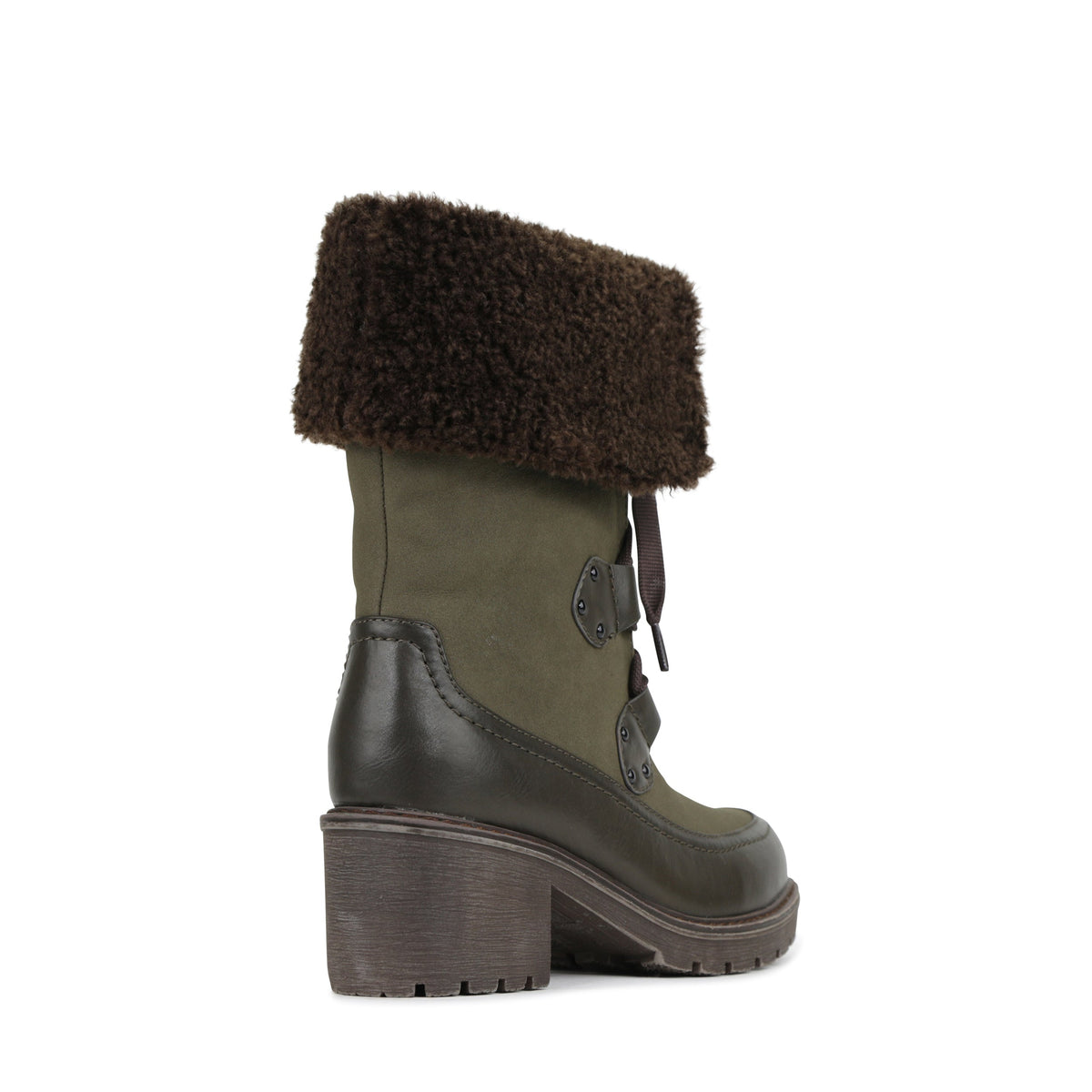 LOS CABOS Tashi Khaki boots shown from back angle, featuring stylish design and khaki color, perfect for casual or outdoor wear.