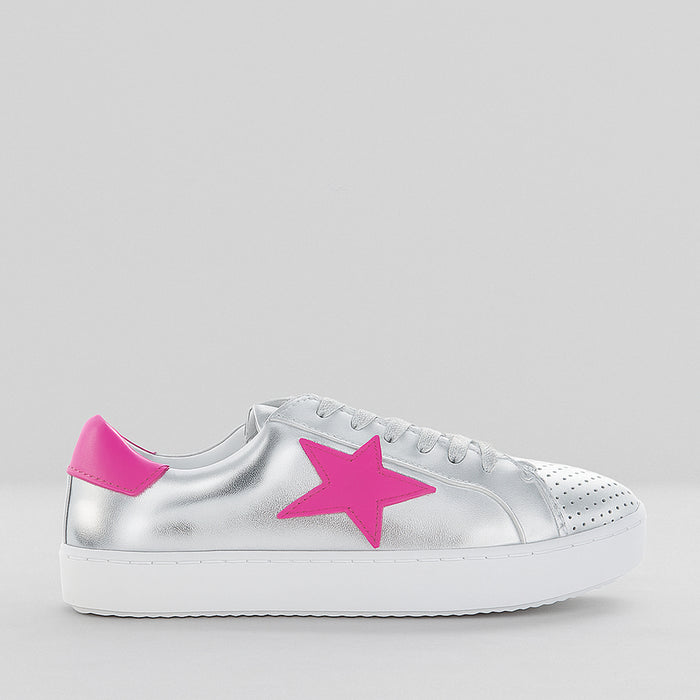 ALFIE & EVIE Valdo silver sneakers with fuchsia accents, stylish casual footwear for kids, featuring comfortable design and trendy colors.