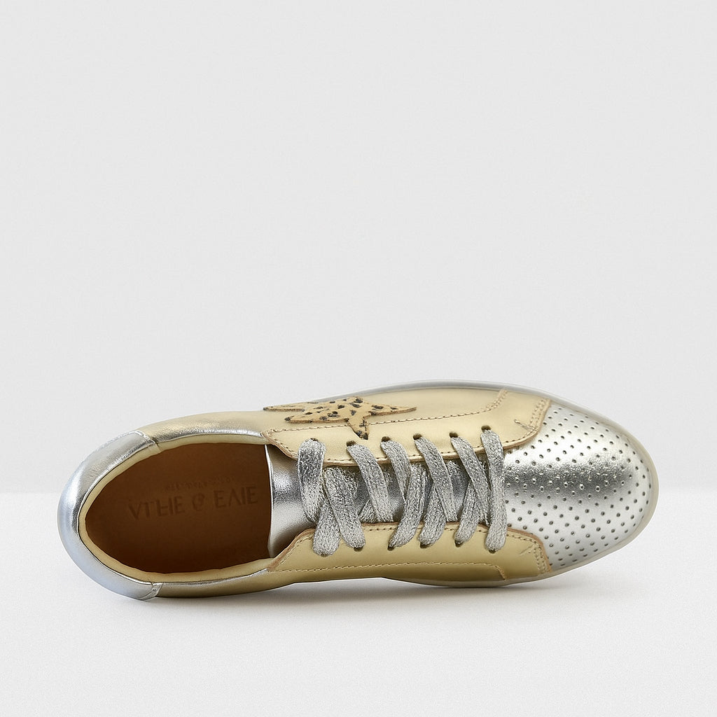 ALFIE & EVIE Valdo gold and silver sneakers with stylish design and laces, perfect for casual wear and trendy outfits.