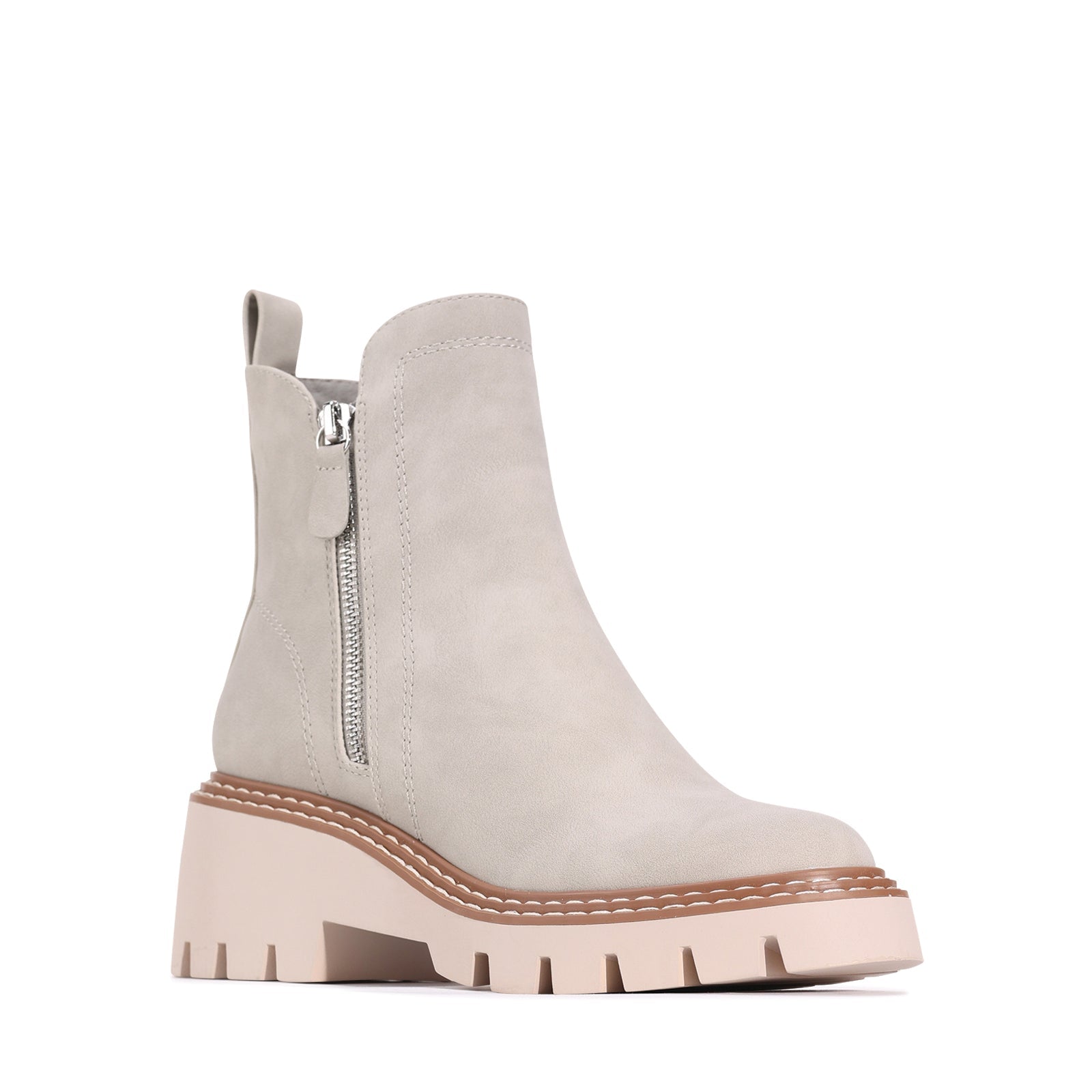 Los Cabos Vianne stone boots featuring tan leather and decorative stitching, stylish ankle boots with a pointed toe.