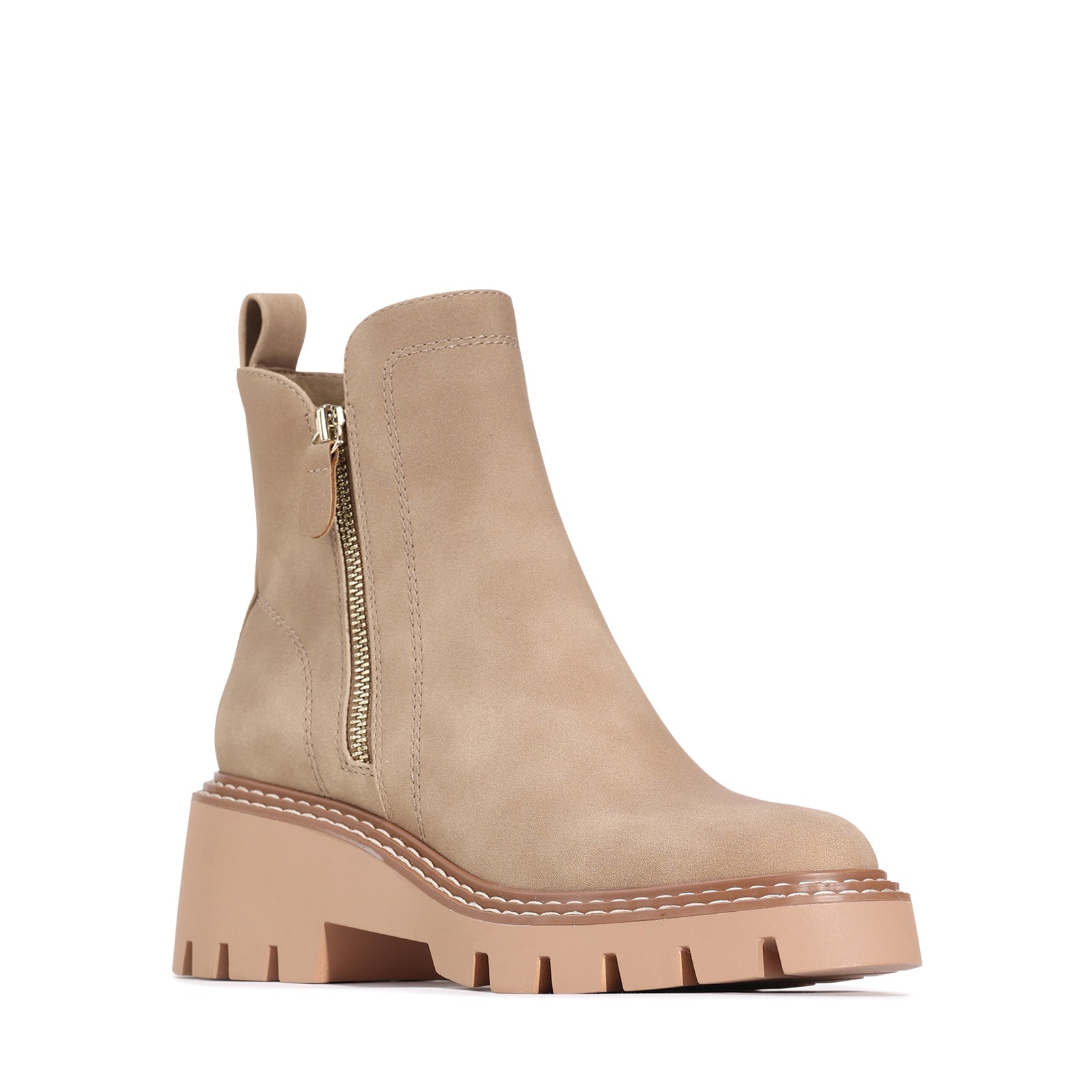 Los Cabos Vianne Taupe boots, stylish ankle boots with a textured taupe finish, displayed on a white background.