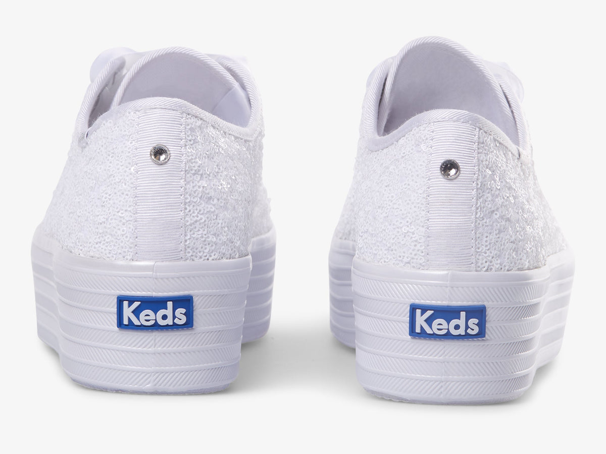 KEDS Triple Up Sequin CEL white sneakers with shimmering sequin details and casual sneaker design.