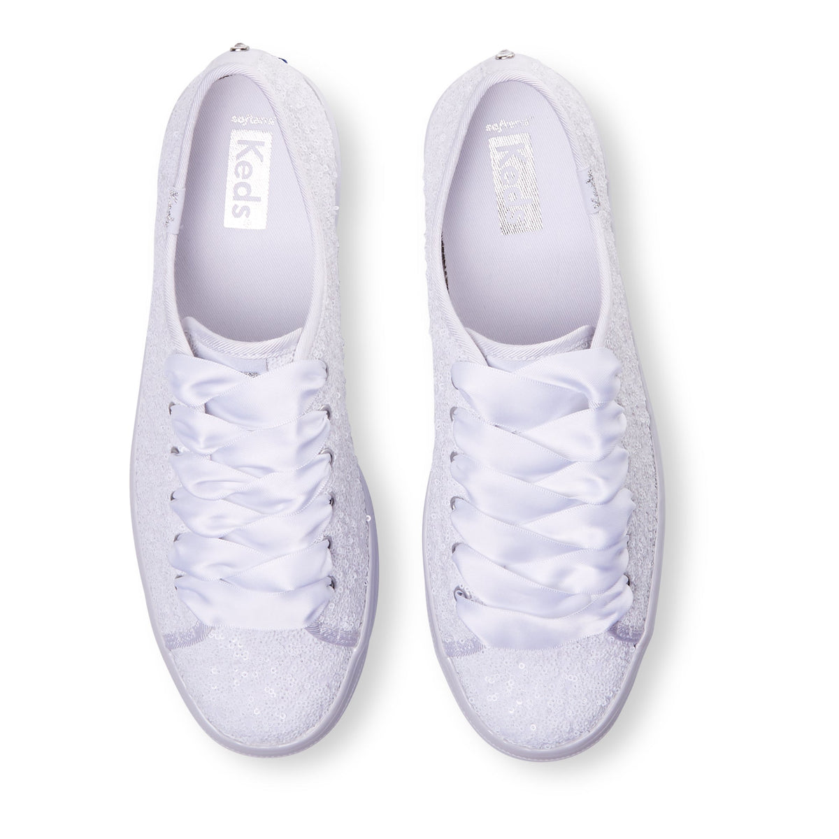 KEDS Triple Up Sequin Cel White sneakers with white sequined upper and white rubber sole, stylish casual footwear.