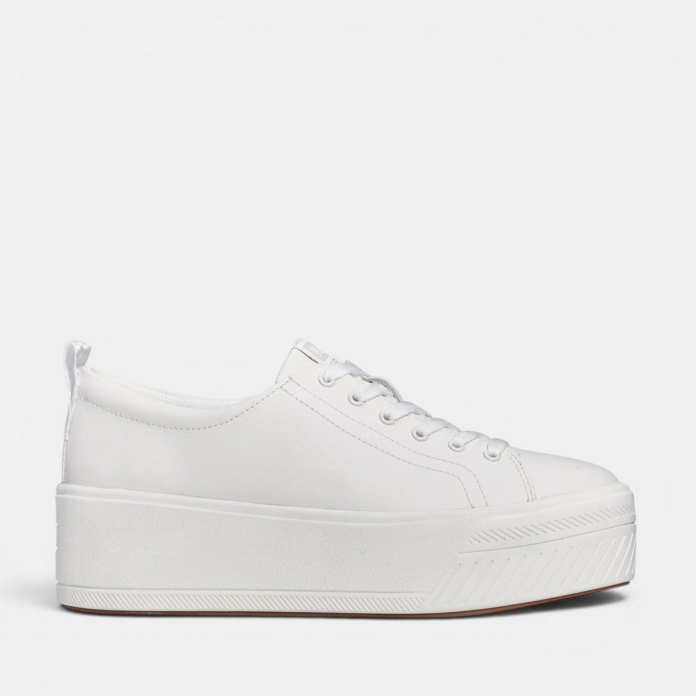 White KEDS Skyler sneakers with classic low-top design and white laces, shown from a side angle.