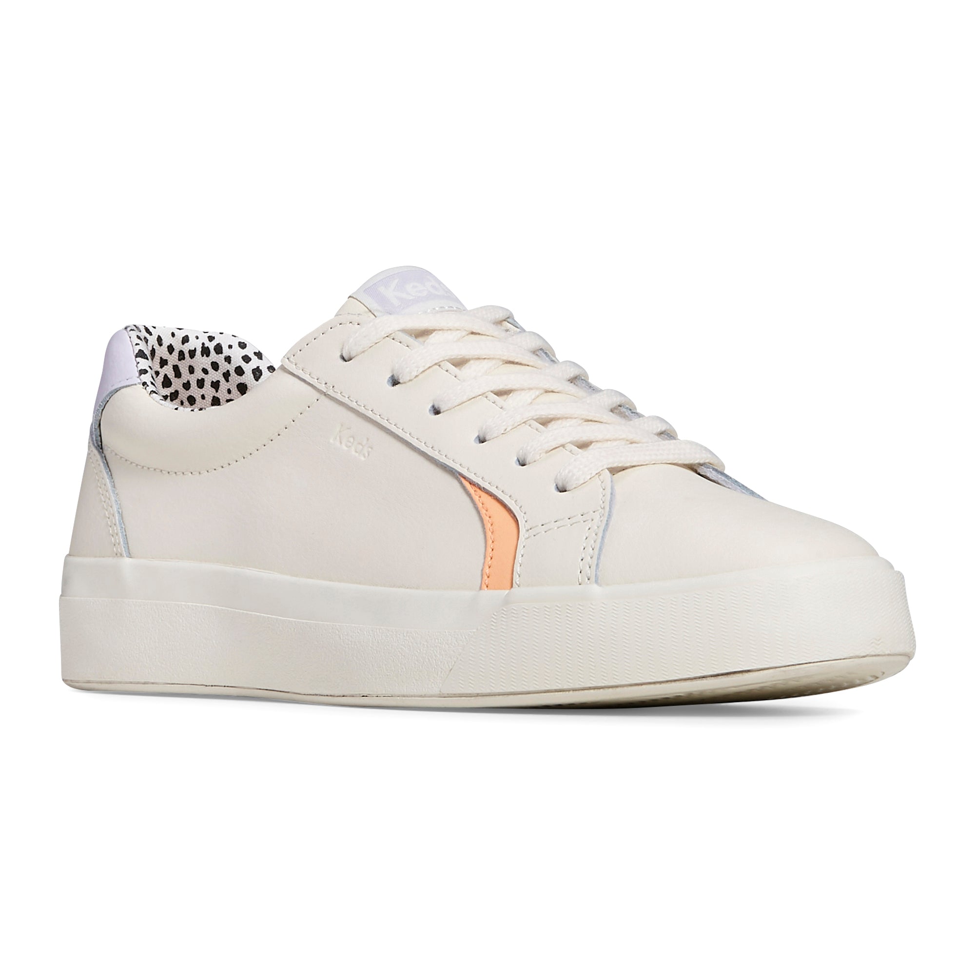 KEDS Pursuit leather sneakers in cream and multicolor design, featuring white laces and a casual slip-on style.