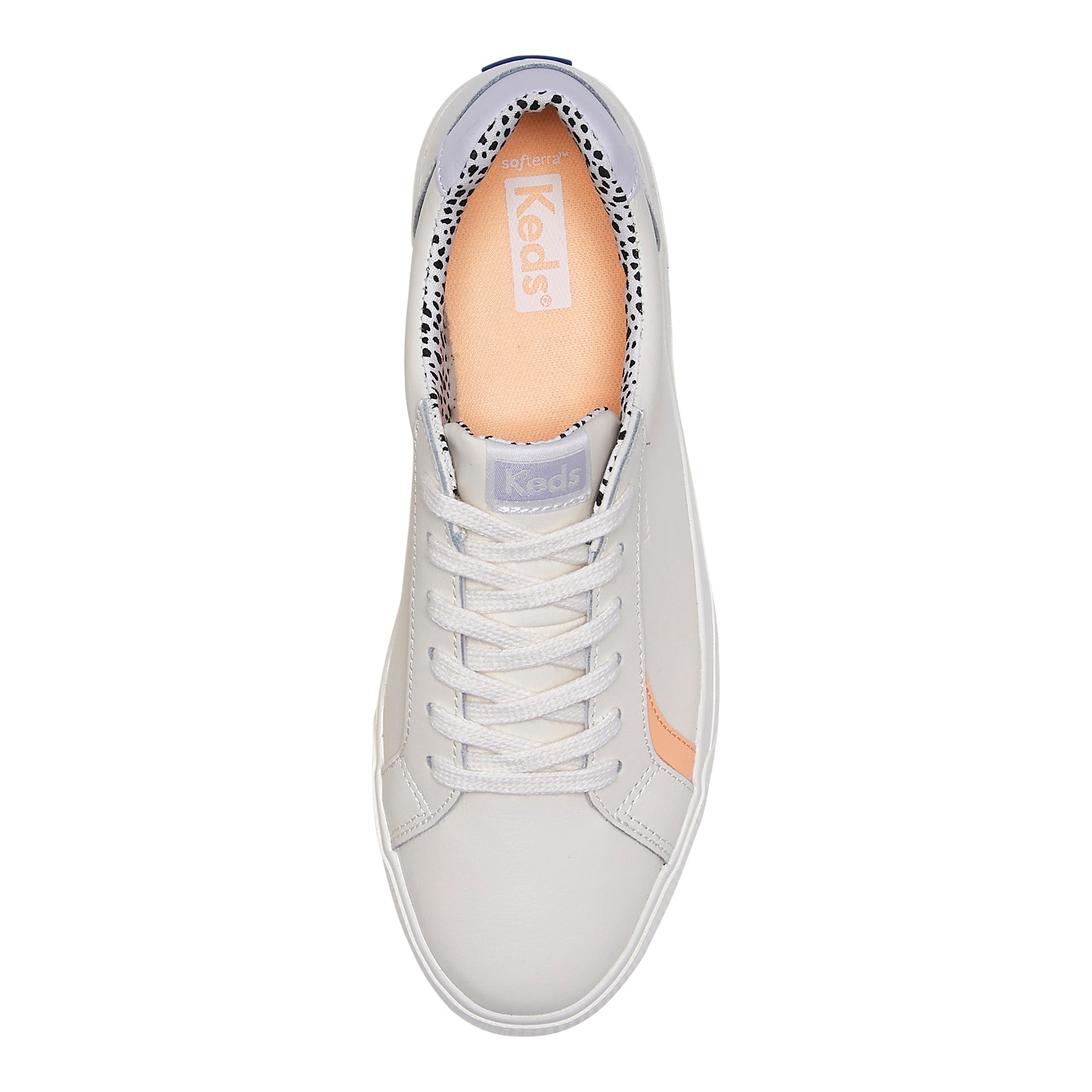 KEDS Pursuit leather sneakers in cream and multi-color design, showcasing the stylish casual footwear with textured leather details.