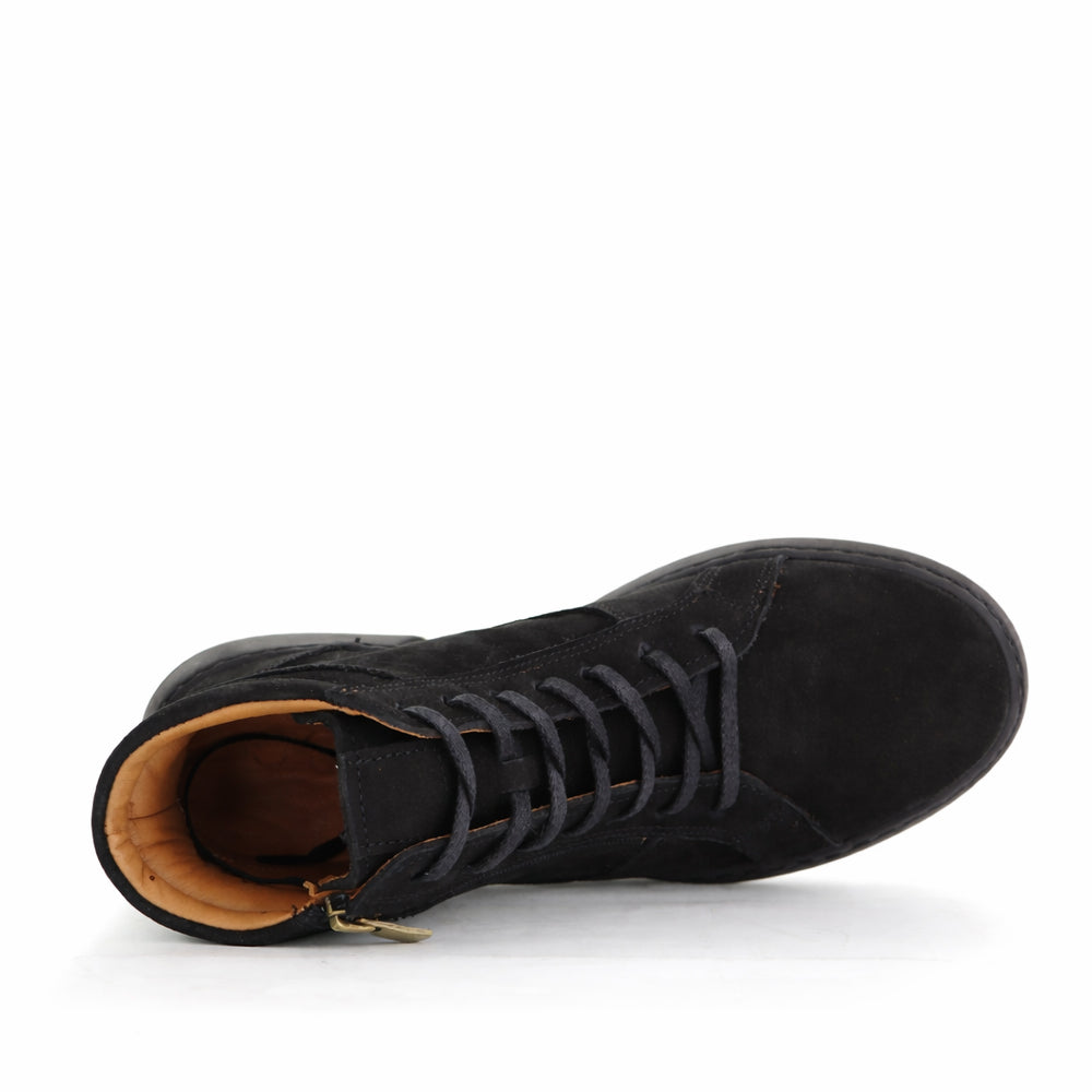 Black Nuback boots by CABELLO with sleek design and comfortable fit, shown from the front view.