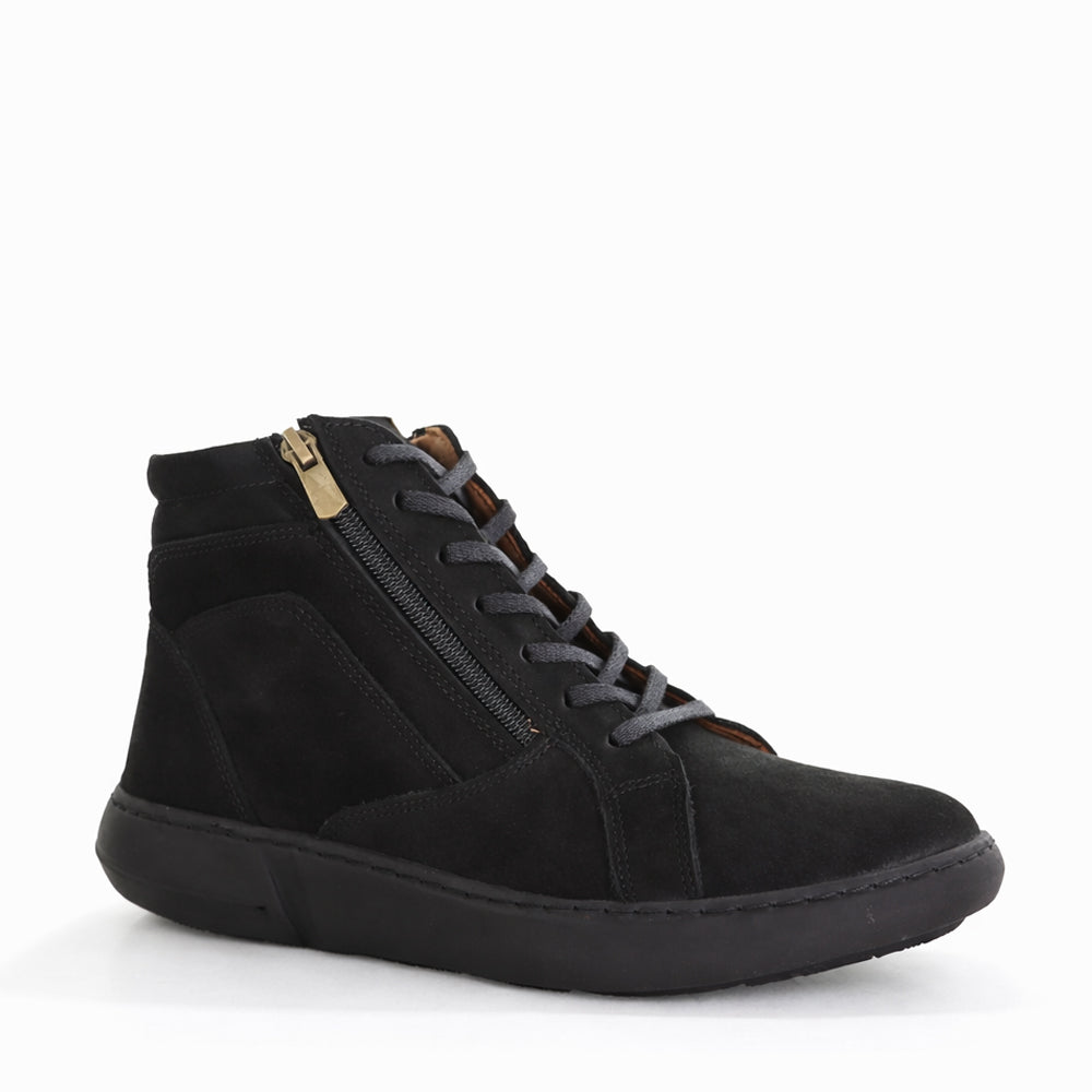 CABELLO Willora Black Nuback Boots with sleek design and ankle height, featuring smooth black leather and stylish stitching.