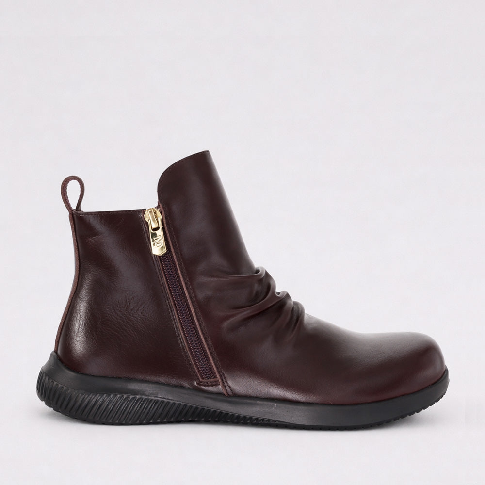 Naked Arches Yila Wine boots with pointed toe and block heel in deep wine color, stylish and modern footwear.