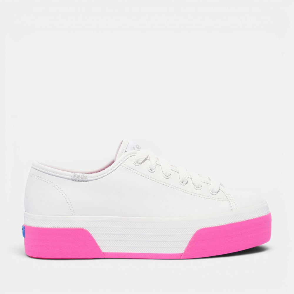 KEDS Triple Up white and pink leather sneakers for women with bumper and fox stripe details.