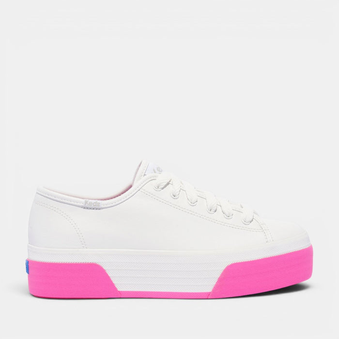 KEDS Triple Up white and pink leather sneakers for women with bumper and fox stripe details.