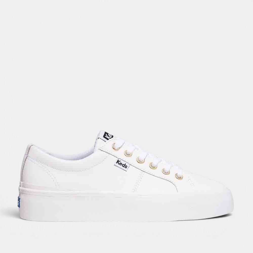 KEDS Jump Kick Duo white sneakers with clean white leather and sporty design, perfect for casual and athletic wear.