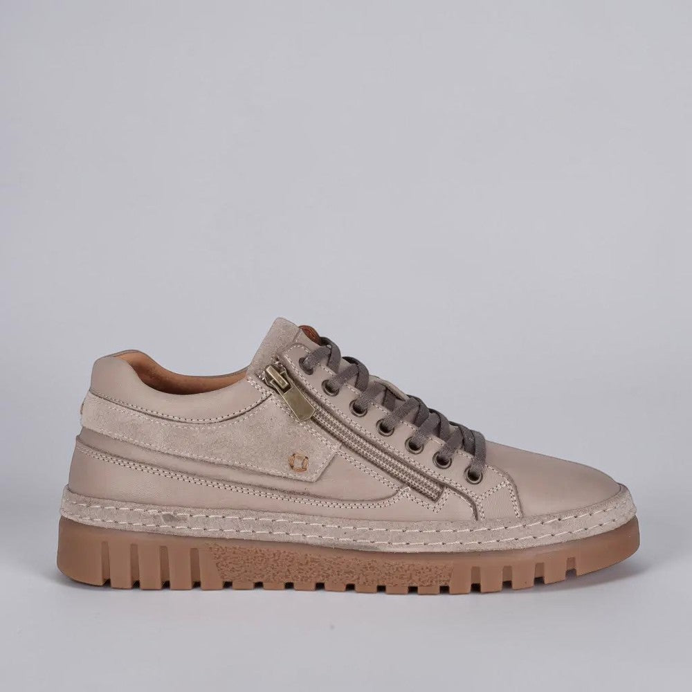CABELLO Wren Stone sneakers featuring a stylish design with gray and beige tones, athletic lace-up closure, and cushioned sole.