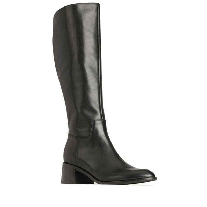Eos Wyoming black high boots displayed from an angle, featuring sleek leather design and knee-high style.