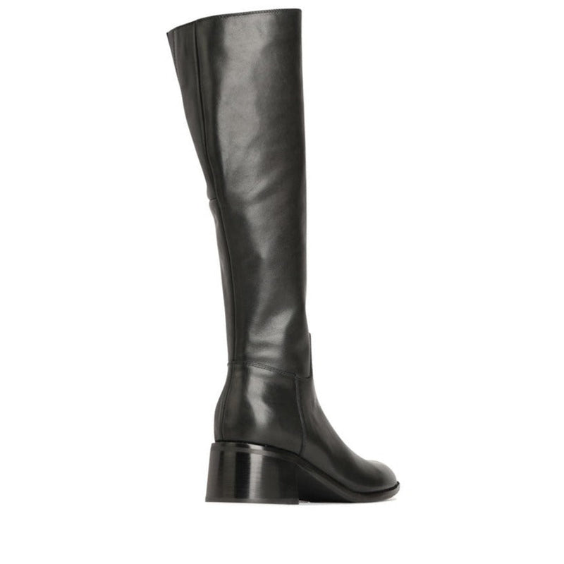 Eos Wyoming Black high boots shown from the back angle, featuring sleek black leather and stylish design details.