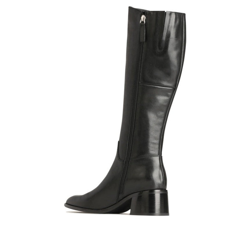 Eos Wyoming black high boots with inside view showing sleek leather design and sturdy sole.