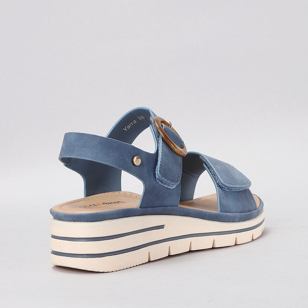 CC Resorts Yarra Denim sandals with blue denim straps and casual slip-on design, perfect for summer and outdoor wear.