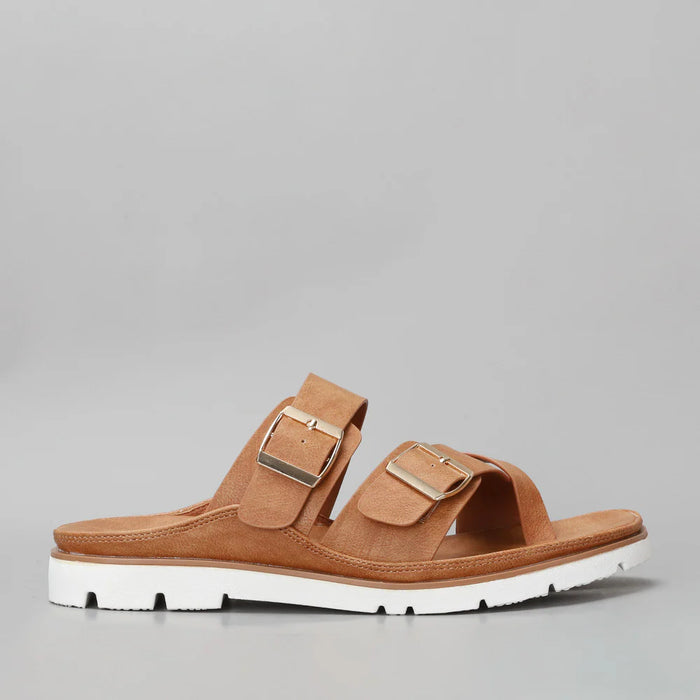 CC Resorts VS Treads Yen Tan flats shown from the side, featuring a sleek design and comfortable fit.