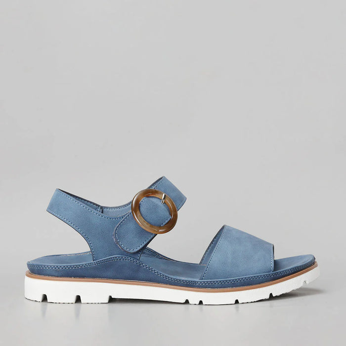 VS TREADS YUMA DENIM sandals with side view, featuring denim straps and casual slip-on design.