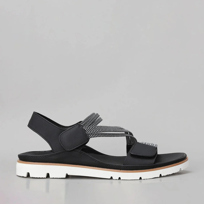 Black VS TREADS Yurra sandals with side view, featuring a sleek design and open toe for a stylish summer look.