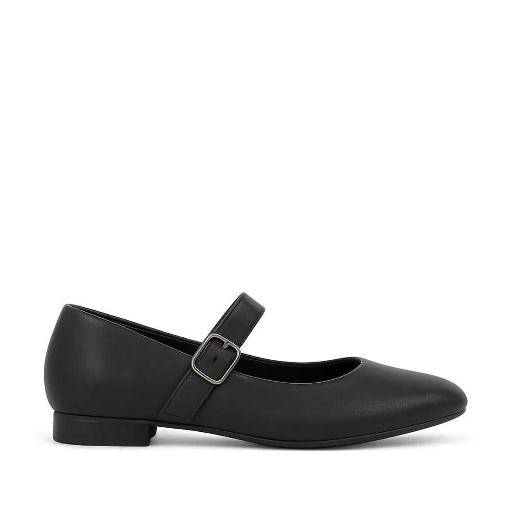 Black Le Sansa Zaylee sandals with open toes, flat sole, and adjustable ankle straps, shown on a neutral background.
